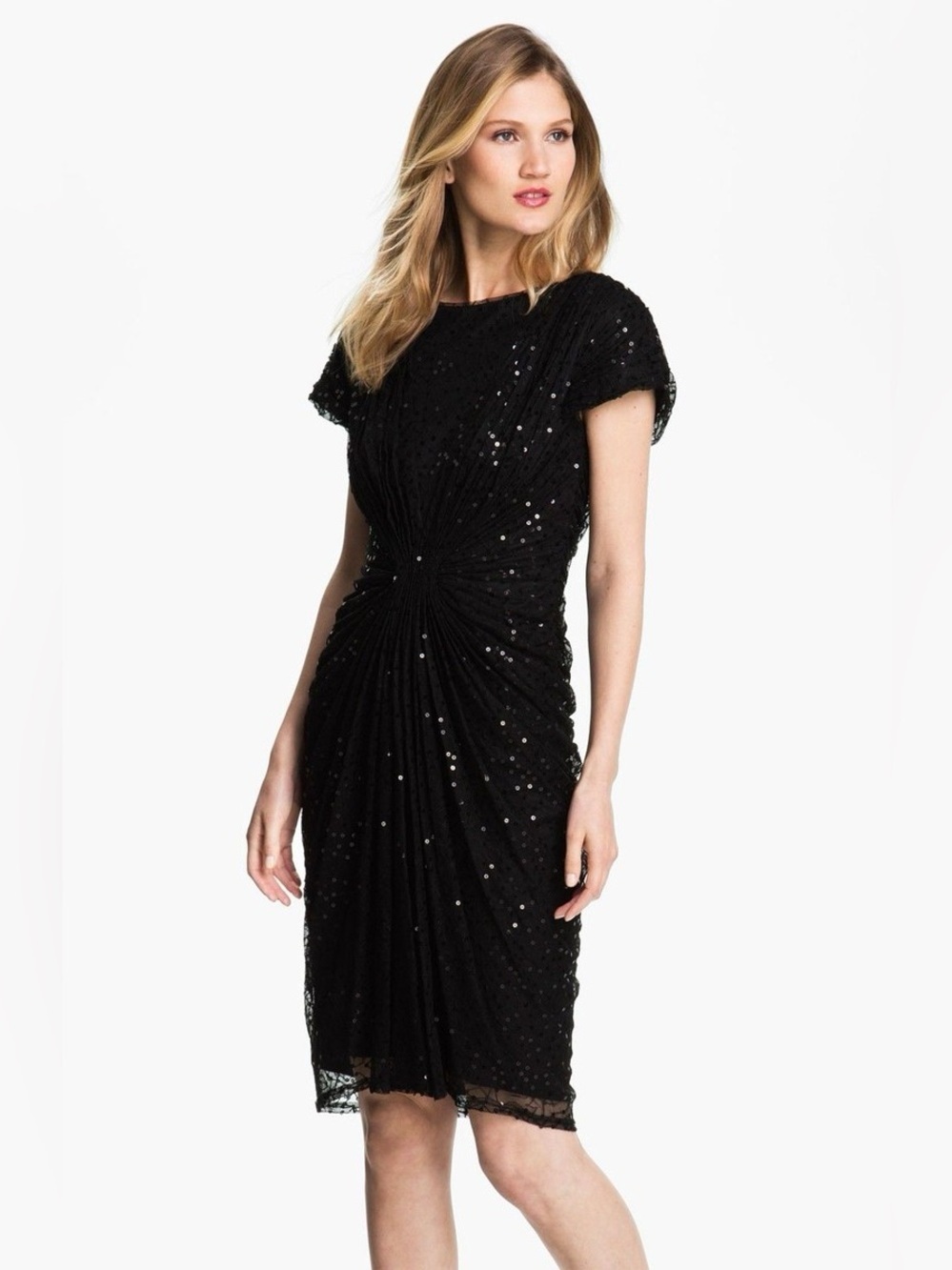 Tadashi Shoji Black Sequin Ruched Midi Dress